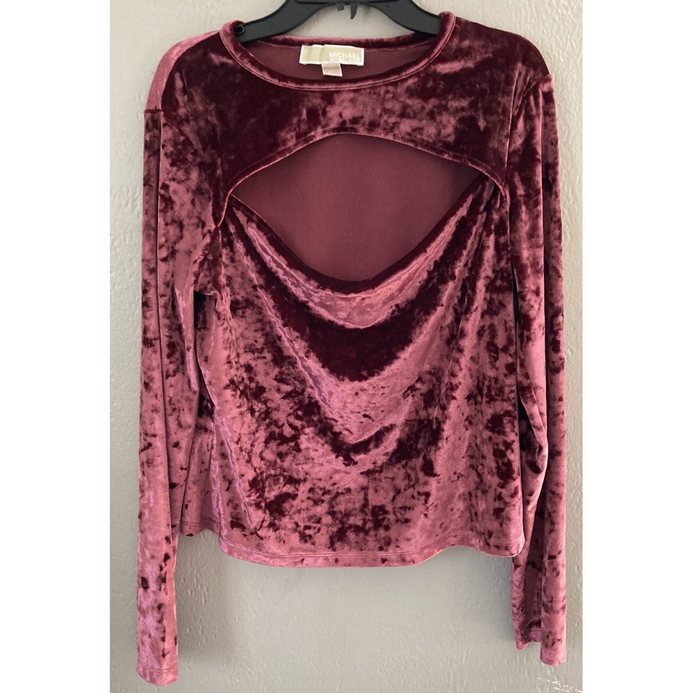 Michael Kors Top Womens Sz PL Blouse Keyhole Front Velvet Long Sleeve Dressy